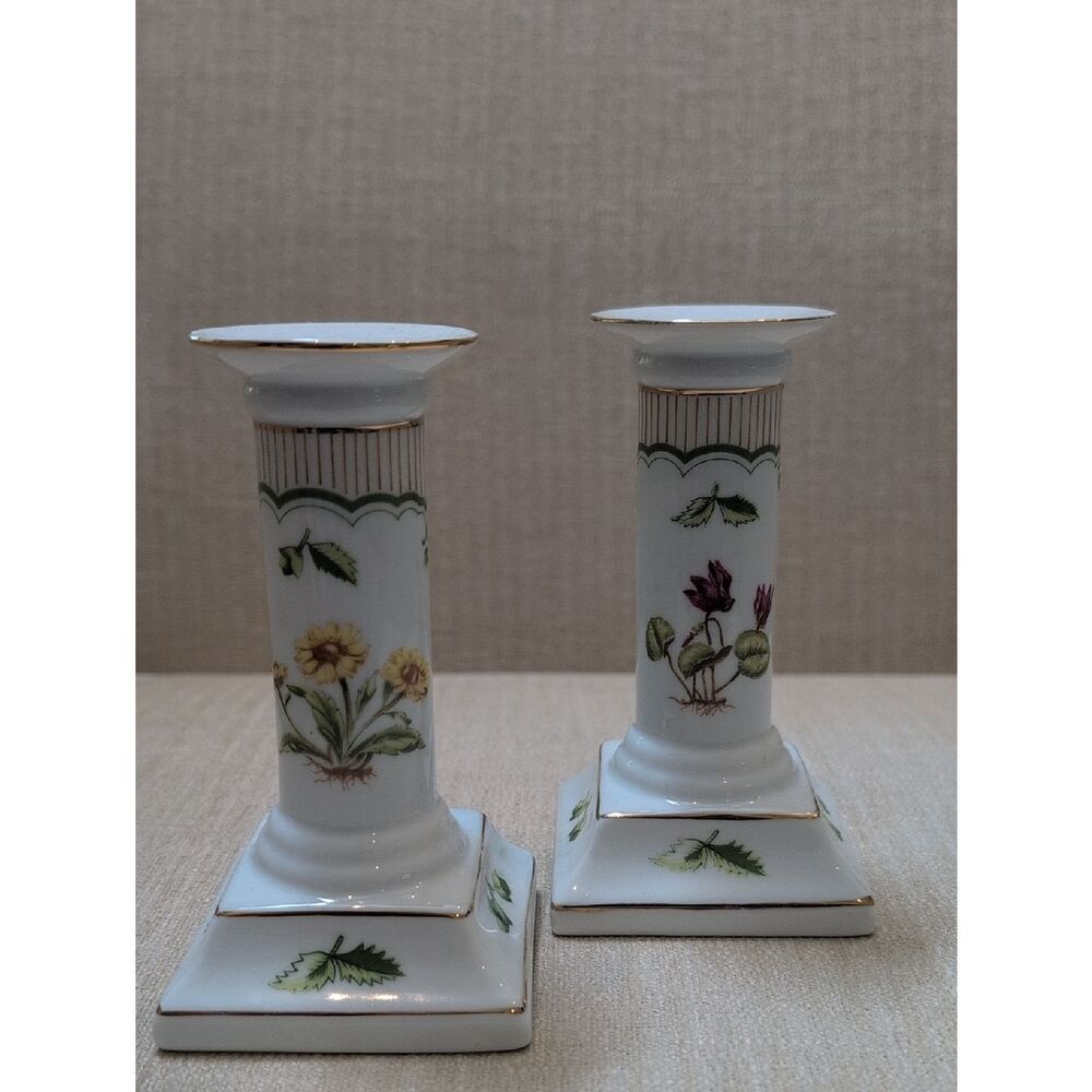 Porcelain Floral Candle Holders - White with Green and Floral Accents